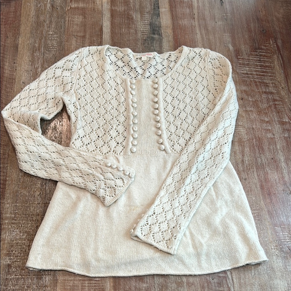 American Retro Paris Cream Open Knit Button Placket Cashmere Blend Sweater